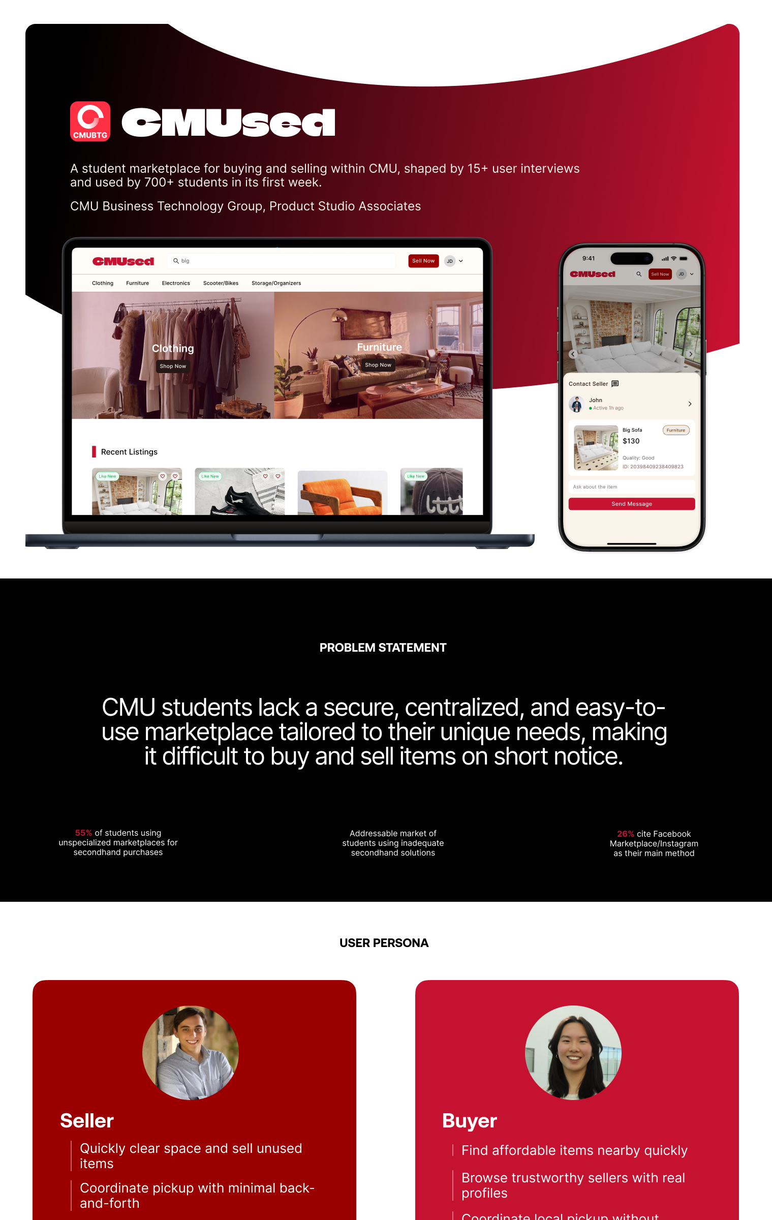 CMUsed case study covering research, the user journey, the interface, the design system, and final screens