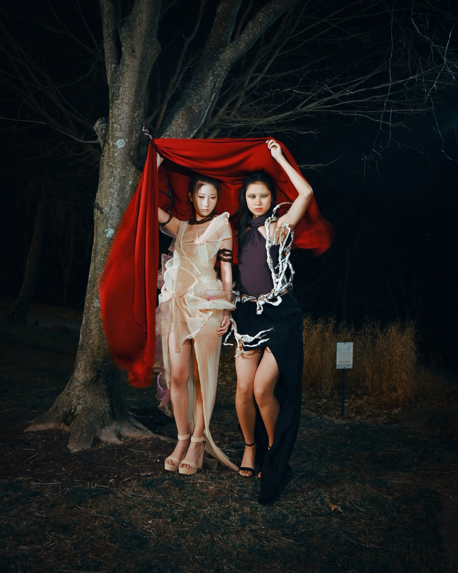 Two looks from Balance under a red cloth